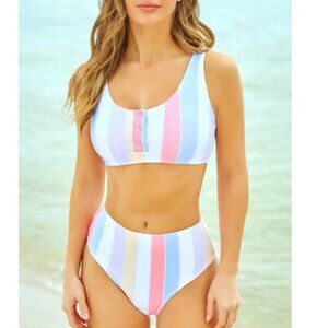 NWT - Multicolor Snap Button Stripes Bikini Set, Rainbow Pastel - Small